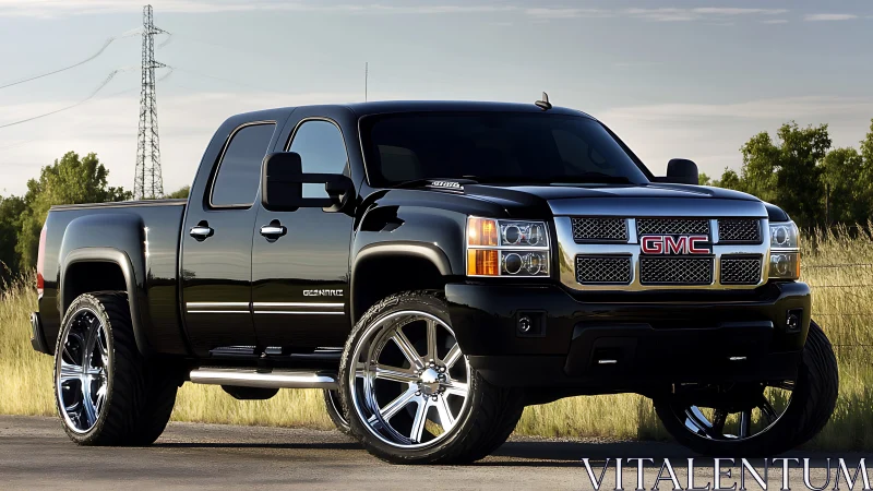Black lifted GMC pickup truck with chrome wheels at sunset.