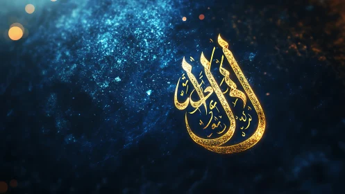 Celestial gold Arabic calligraphy glowing in cosmic blue.