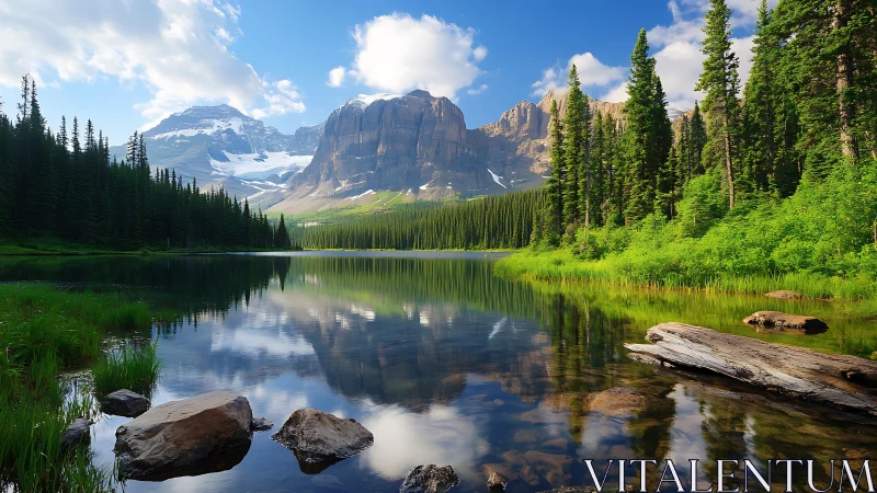 Mountain mirror morning over pine-ringed emerald lake.