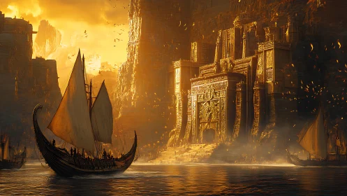 Golden harbor city welcomes tall ships at a glowing gate