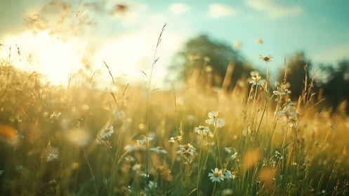 Golden summer meadow glows softly in gentle evening light