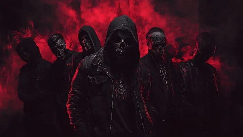 Hooded skull-masked figures in dramatic red smoke formation.