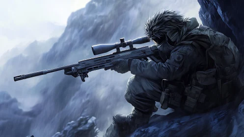 Sniper in Mountain Terrain with Rifle and Scope.