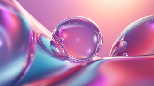 Holographic soap spheres drifting across neon sunrise waves.