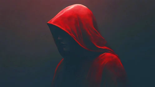 Digital painting of hooded red figure in chiaroscuro profile.