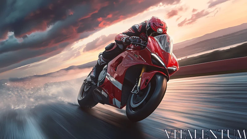 Red superbike races through stormy track at sunset.