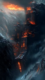 Medieval fortified tower engulfed in flames within mountain valley