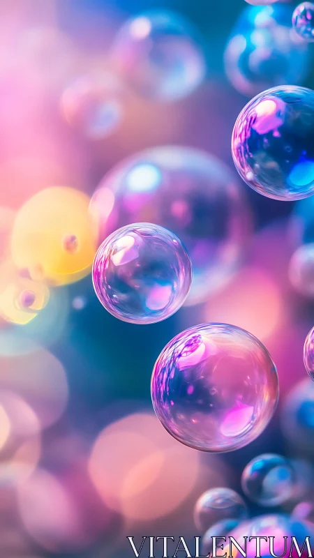 Glistening rainbow bubbles drifting through soft dreamy light.