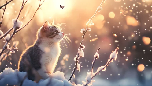 Kitten in Winter Snow Observing Butterfly Amid Frost.