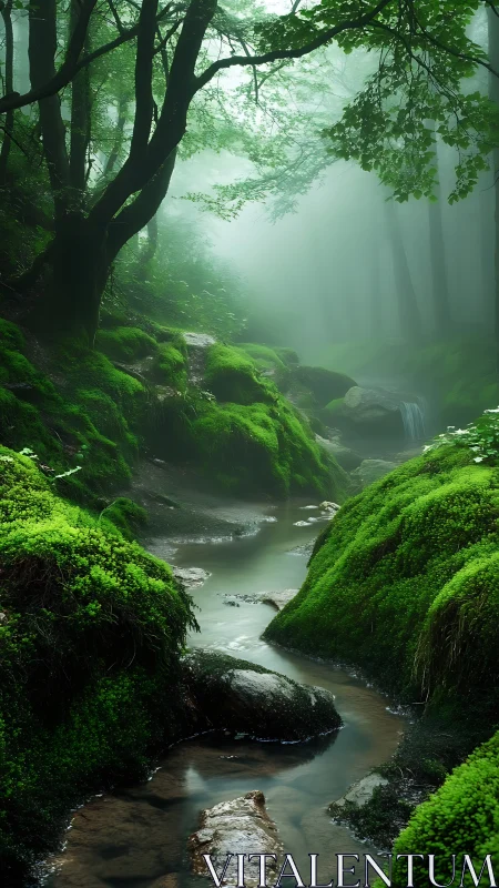 Misty Temperate Rainforest Stream with Moss-Covered Boulders