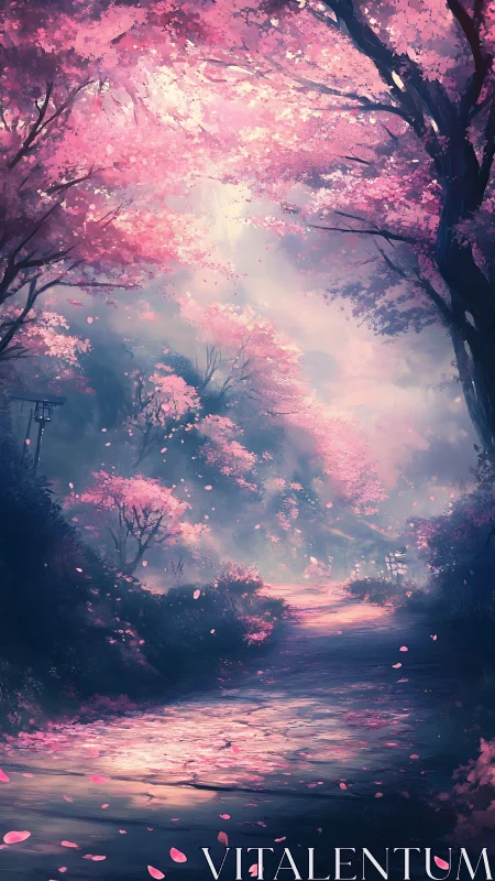 Vertical landscape shows pink blossom trees over forest path