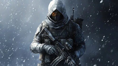 Hooded winter soldier grips rifle in blizzard silence.