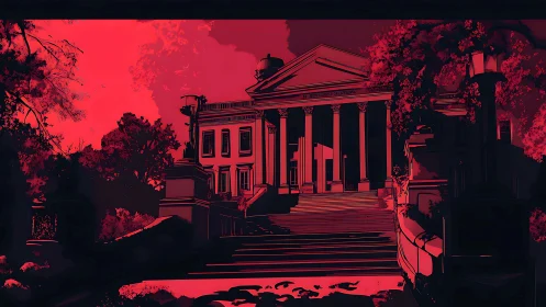 Neoclassical building facade is rendered in red digital tones