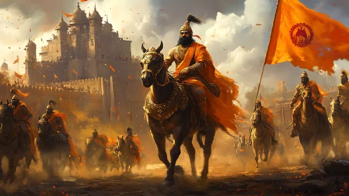 Warrior king leads a blazing cavalry charge before fortress walls