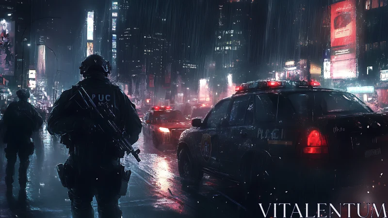 Armed police patrol under neon rain in dense cyber-urban grid