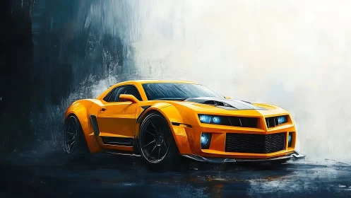 Yellow muscle car artwork on dark abstract background.