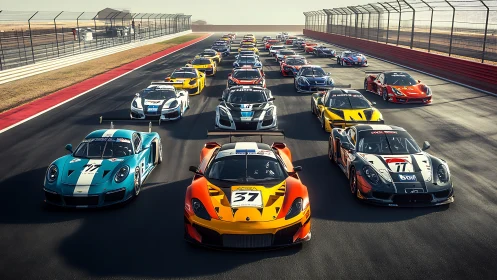 Grid of GT race cars lined up on sunlit circuit.