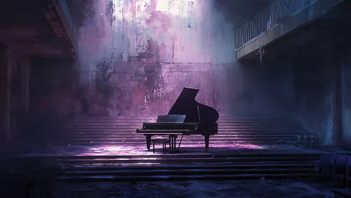 Grand piano in derelict hall under diffuse purple light.