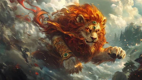 Mythic celestial lion with flaming mane charges through storm clouds