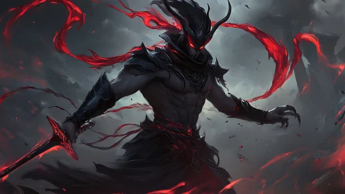 Shadow warlord wreathed in crimson energy ribbons.