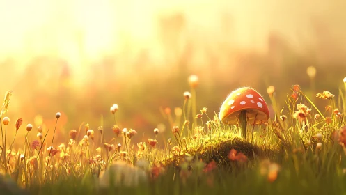 Red mushroom in sunlit meadow with shallow field depth.