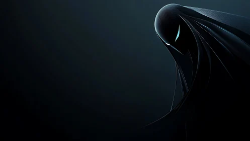 Mysterious cloaked figure leans from shadow with glowing eyes