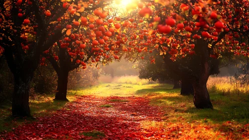 Sunlit orchard path glows beneath heavy autumn fruit