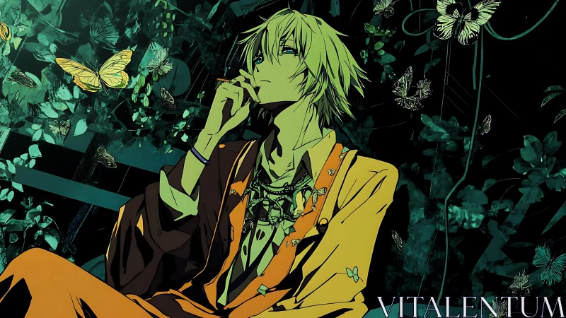 Butterfly-draped daydreamer in neon jungle repose.