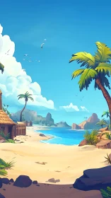 Tropical Island Beach Scene with Palm Trees and Blue Lagoon.