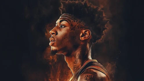 Flame-lit profile study of tattooed basketball athlete portrait.