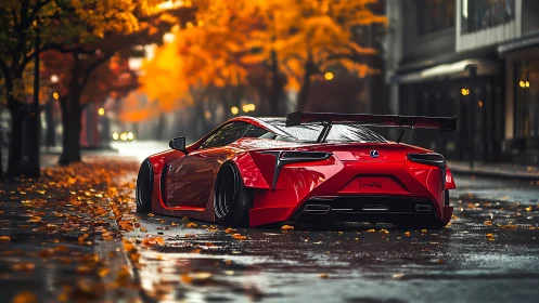 Rain-glossed red supercar under saturated autumn canopy.