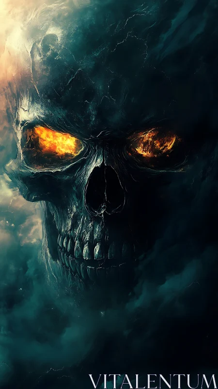 Fiery skull spirit emerges from swirling stormy darkness