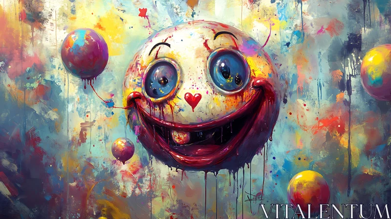 Playful painted clown face glowing in wild neon splashes.