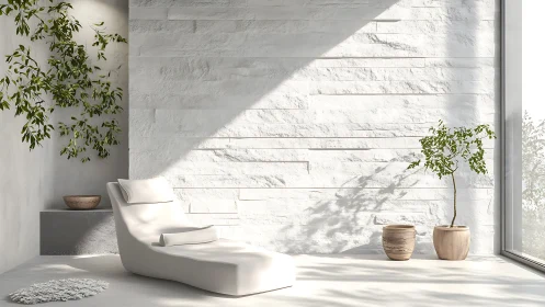 Sunlit minimalist lounge with soft greenery and quiet calm.