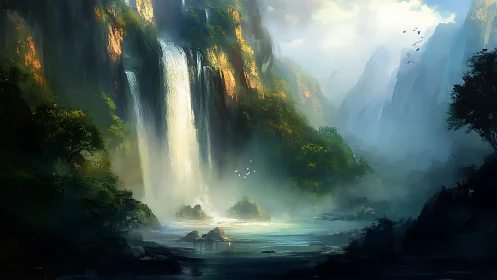 Mystical Canyon Waterfall with Luminous Mist and Towering Cliffs.