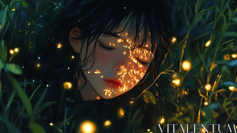 Girl sleeps in firefly meadow under soft golden glow.