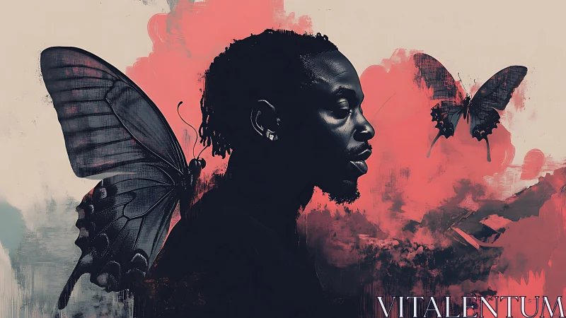 Portrait of a man with dark butterfly wings in red mist.