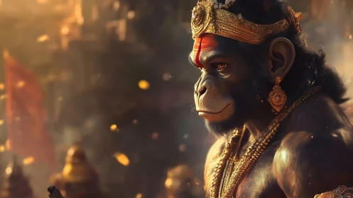 Highly detailed simian warrior deity rendered in warm volumetric light