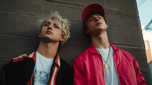 Urban portrait of two young men in casual streetwear styling