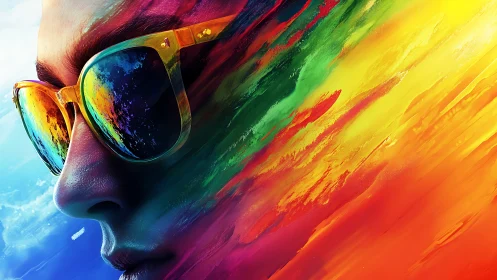 Portrait merges reflective sunglasses with fluid color spectrum.