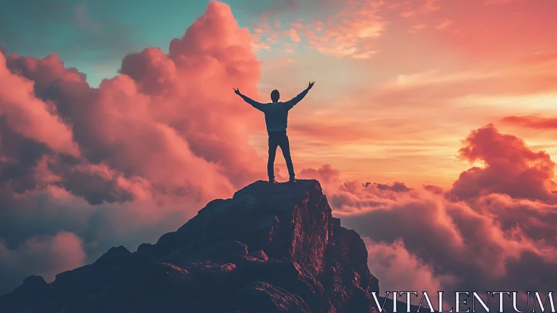 Silhouette celebrates summit at dramatic sunset sky peak.