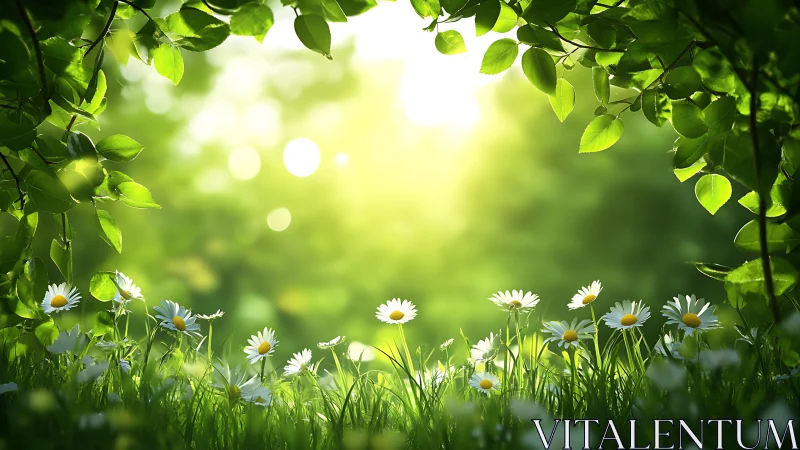 Sunlit Daisy Meadow Framed by Lush Green Leaves in Nature Style.