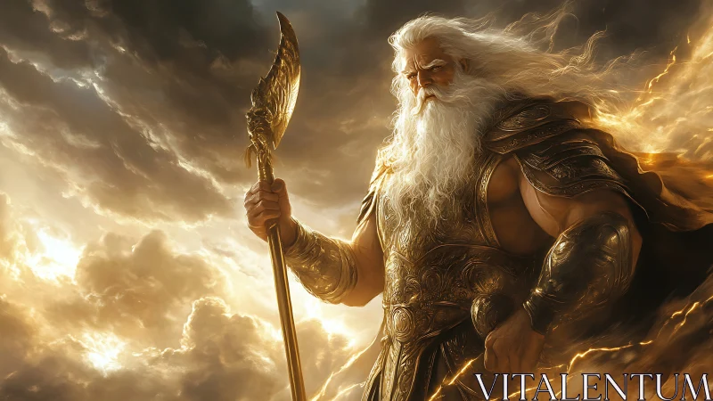Godlike armored warrior dominates storm-lit clouds with radiant spear