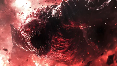 Demonic beast erupts from crimson storm with bared fangs