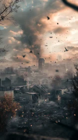 Smoke-torn skyline over a war-ravaged autumn cityscape.