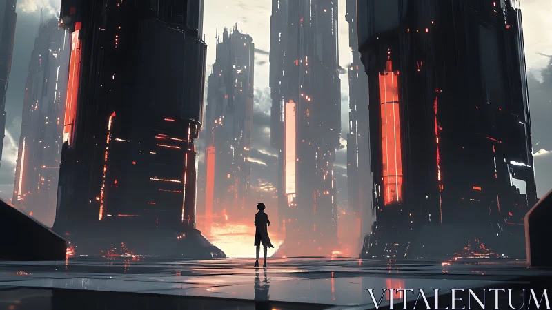 Lone figure stands before towering neon-lit scifi cityscape.