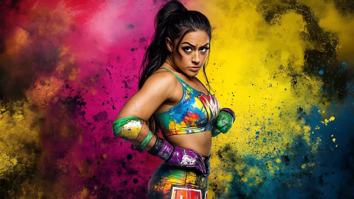 Athletic Female Subject in Combat Sports Apparel Against Chromatic Powder Diffusion Background