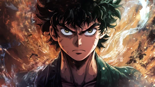 Intense anime combatant amid turbulent energy field portrait.