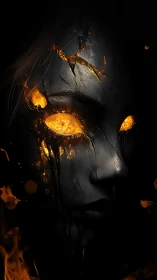 Molten-eyed spirit gazes through darkness with quiet fire