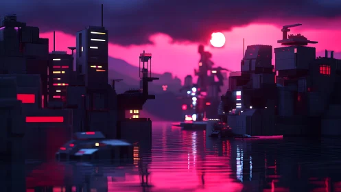 Neon voxel megacity at dusk with reflective waterfront gridscape.